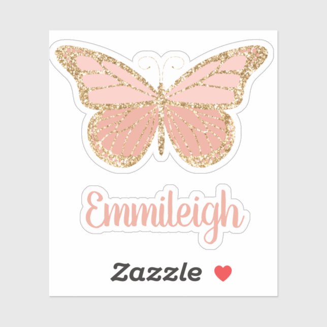 Blush Pink Glittery Gold Butterfly Name Aufkleber (Blatt)