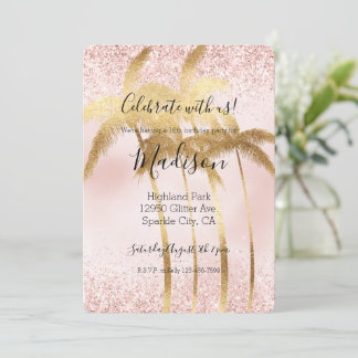 Blush Pink Glitz Glitzer Goldene Palmen Einladung