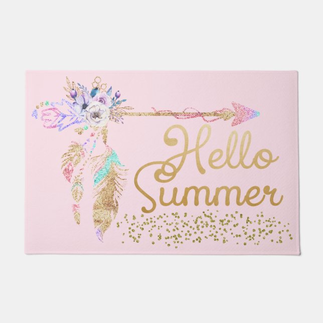 Blush Pink Glitzer Boho Feather Hallo Sommer Fußmatte (Vorderseite)