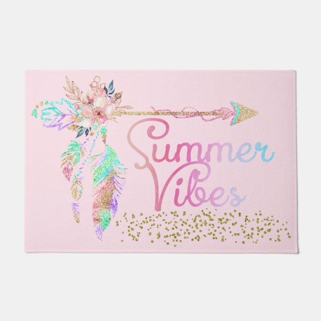 Blush Pink Glitzer Boho Feather Summer Vibes Fußmatte (Vorderseite)