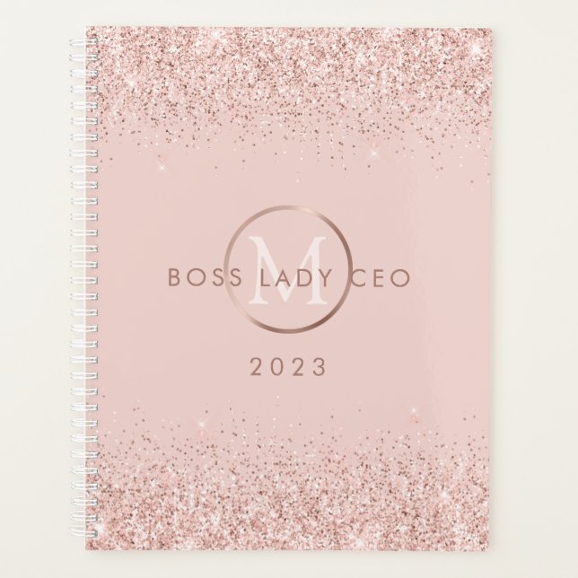 Blush Pink Glitzer Boss Lady CEO Monogram 2023 Planer (Vorderseite)