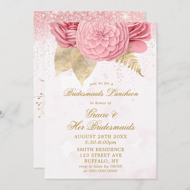 Blush Pink Glitzer Bridesmaids Luncheon Einladung (Vorne/Hinten)