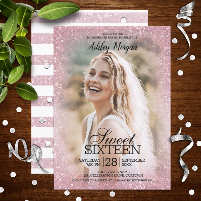 Blush Pink Glitzer Foto Template Sweet 16 Party Einladung (Von Creator hochgeladen)