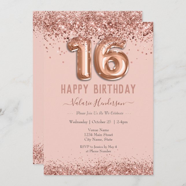 Blush Pink Glitzer Happy 16. Geburtstag (Vorne/Hinten)