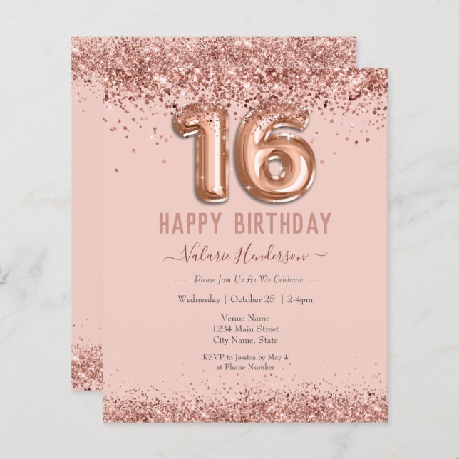Blush Pink Glitzer Happy 16. Geburtstag (Vorne/Hinten)