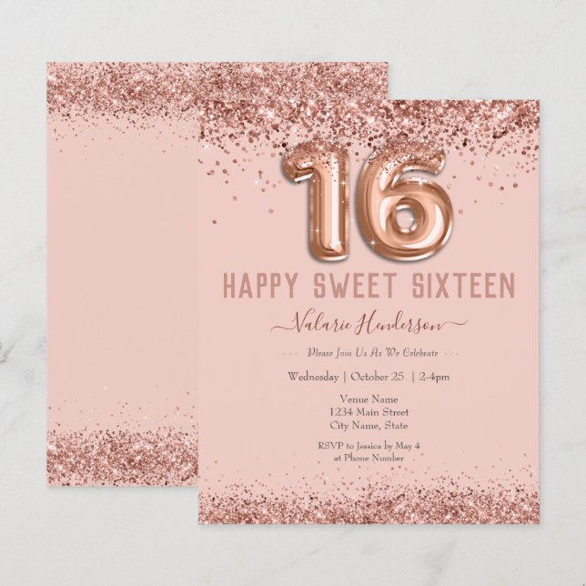 Blush Pink Glitzer Happy 16. Geburtstag (Vorne/Hinten)