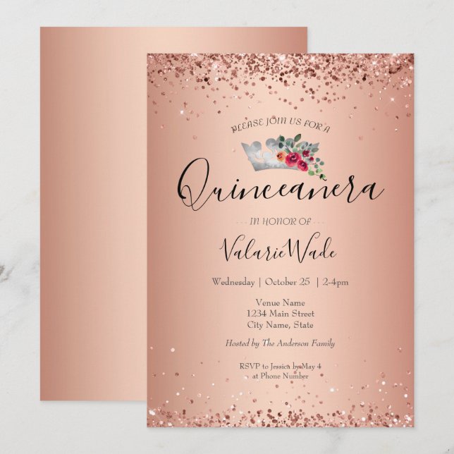 Blush Pink Glitzer Quinceanera Haushalt Einladung (Vorne/Hinten)