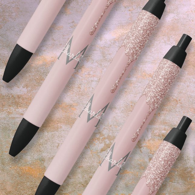 Blush Pink Glitzer Tropfen Monogram Girl Script Kugelschreiber (Blush Pink Glitter Drips Monogram Girly Script Pen)