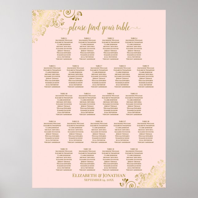 Blush Pink & Gold 22 Tabelle Seating Chart Poster (Vorne)