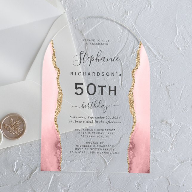 Blush Pink Gold Agate 50th Birthday Arch Acryleinladungen (Von Creator hochgeladen)