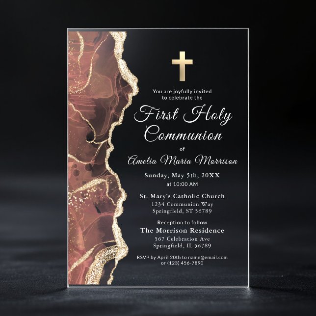 Blush Pink Gold Agate Erster Kommunion Girl Acryleinladungen (Von Creator hochgeladen)