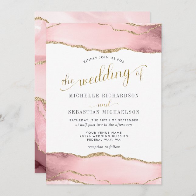 Blush Pink Gold Agate Hochzeitsfeier Einladung (Vorne/Hinten)