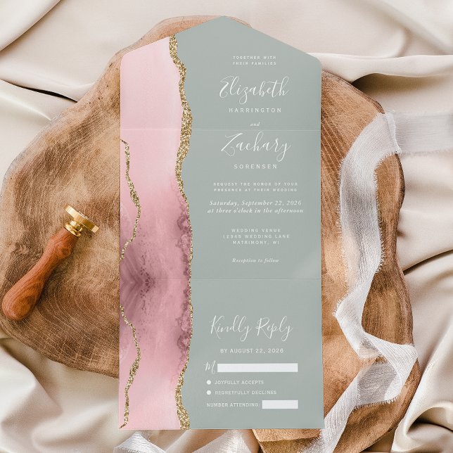 Blush Pink Gold Agate Pale Pale Sage Green Wedding All In One Einladung (Von Creator hochgeladen)