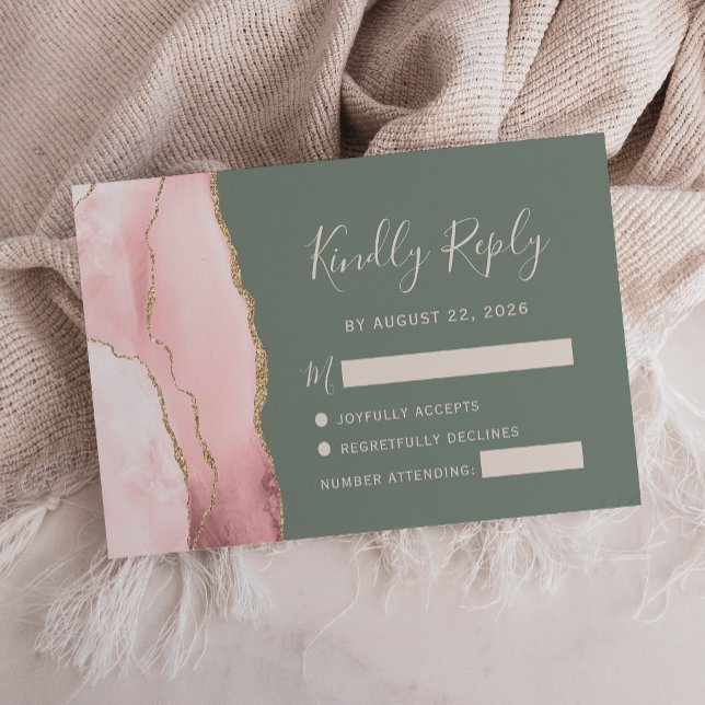 Blush Pink Gold Agate Sage Green Wedding RSVP Card (Von Creator hochgeladen)