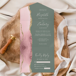 Blush Pink Gold Agate Sage Grüne Hochzeit All In One Einladung