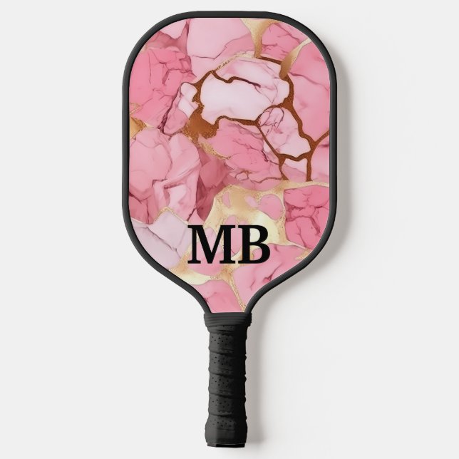 Blush Pink Gold Alkohol Tinte Marmormonogramm Pickleball Schläger (Rückseite)