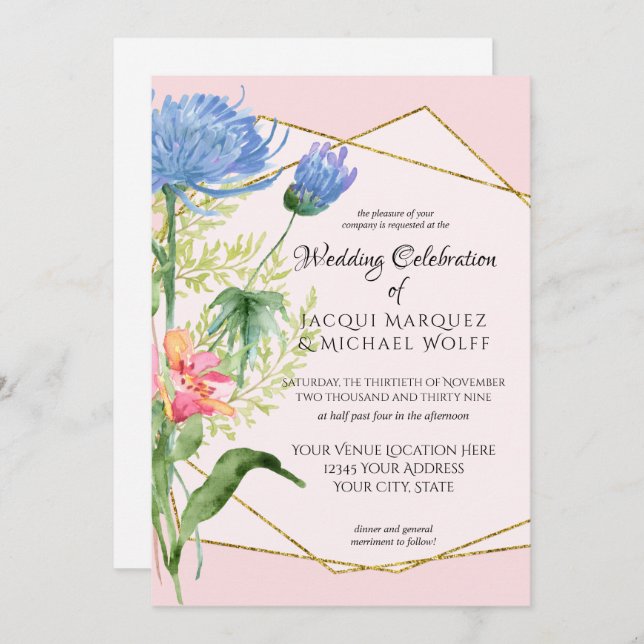 Blush Pink Gold Aquarell Moderne Blumenhochzeit Einladung (Vorne/Hinten)
