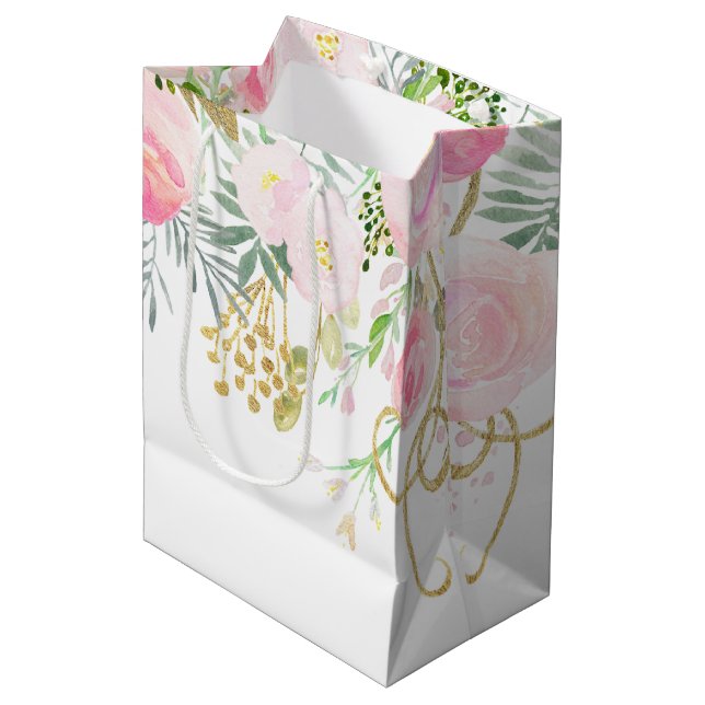 Blush Pink Gold Aquarellfarben Blume MEDIUM Bags Mittlere Geschenktüte (Vorderseite Schrägansicht)
