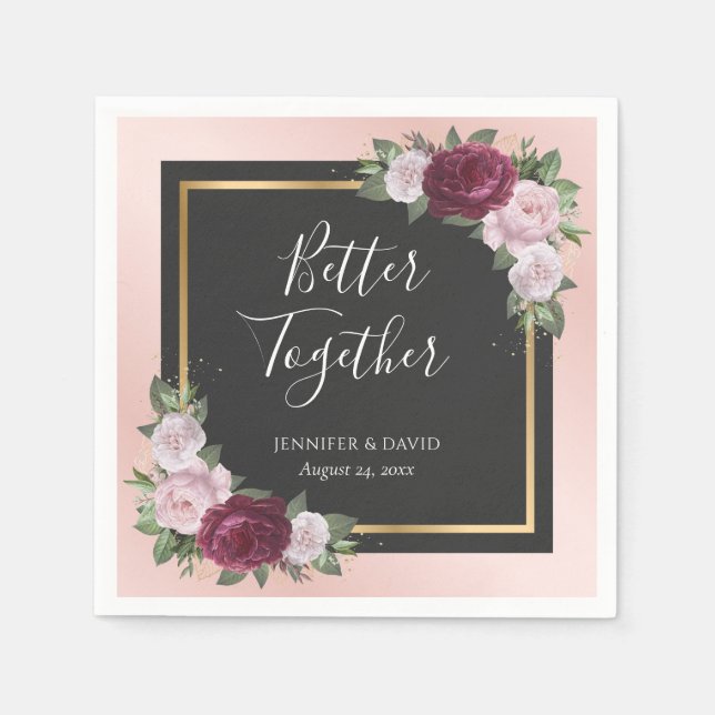 Blush Pink Gold Black Burgundy Bloral Wedding Serviette (Vorderseite)