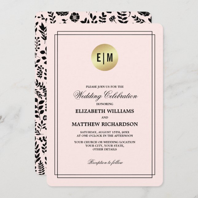 Blush Pink Gold Black Floral Wedding Einladung (Vorne/Hinten)