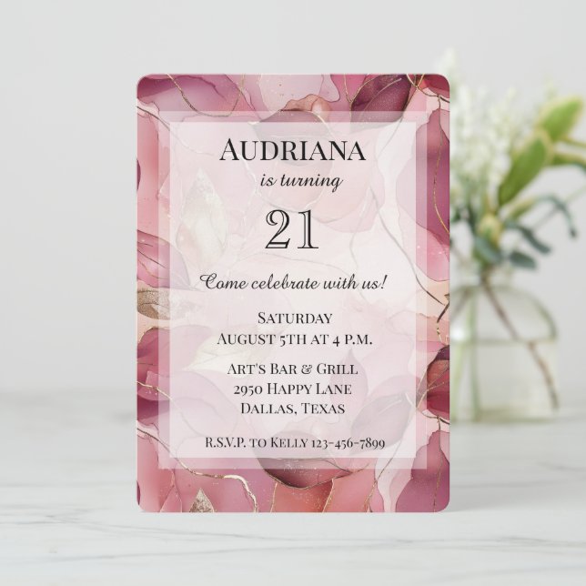 Blush Pink Gold Blätter Geburtstag Einladung (Stehend Vorderseite)