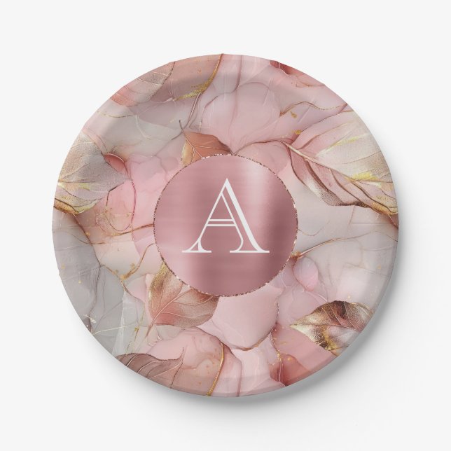 Blush Pink Gold Blätter Monogram Pappteller (Vorderseite)