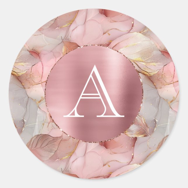 Blush Pink Gold Blätter Monogram Runder Aufkleber (Vorderseite)