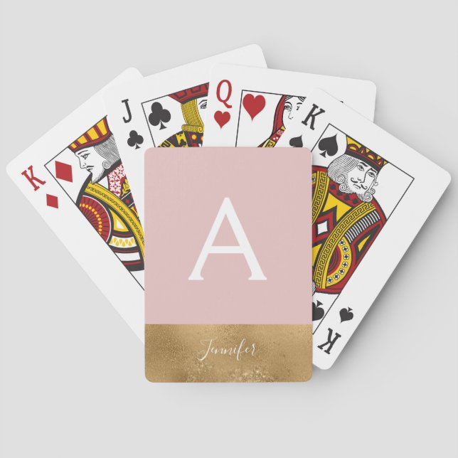 Blush Pink Gold Bling Luxus Sparkle Monogramm Spielkarten (Rückseite)