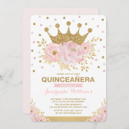 Blush Pink Gold Bloral Crocess Prinzessin Quinceañ Einladung
