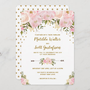 Blush Pink & Gold Bloral Hochzeitsempfang Einladung