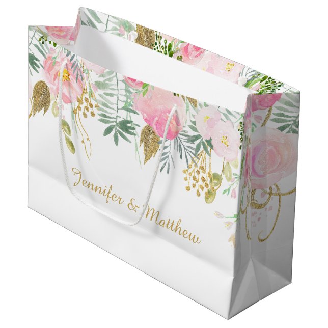 Blush Pink Gold Blume GROSSE Geschenktaschen Große Geschenktüte (Vorderseite Schrägansicht)