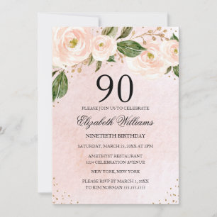 Blush Pink Gold Blumen 90. Geburtstag Einladung