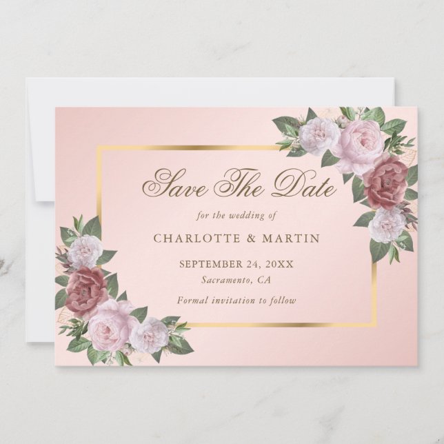 Blush Pink Gold Blumenzehen speichern die Datumska Save The Date (Vorderseite)
