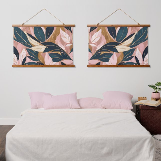 Blush Pink Gold Boho Trendy Blätter Collection Wandteppich Mit Holzrahmen (Schlafzimmer)