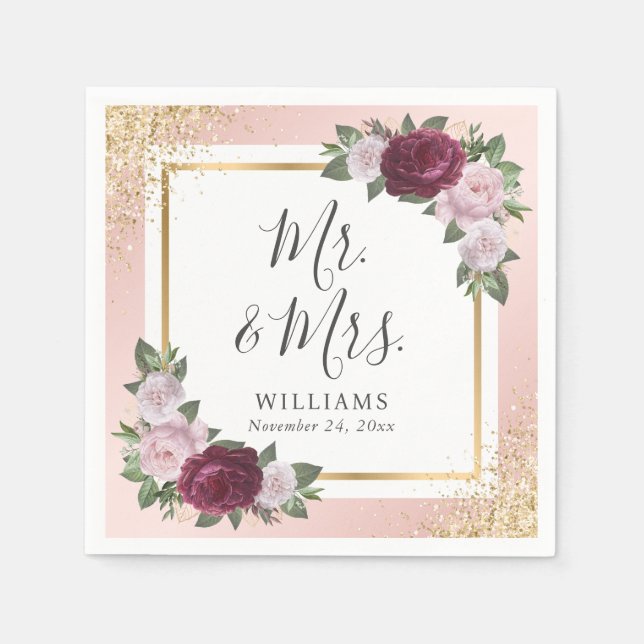 Blush Pink Gold Burgundy Blumenzwiebeln Serviette (Vorderseite)