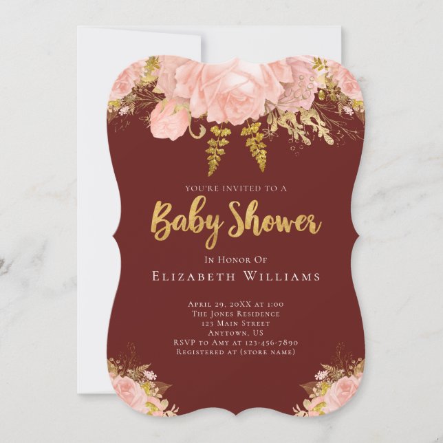Blush Pink Gold Burgundy Flower Girl Babydusche Einladung (Vorderseite)