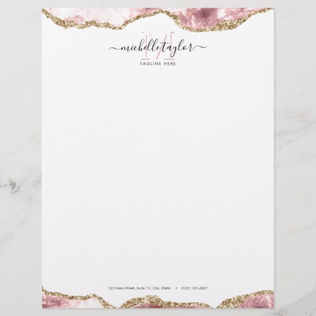 Blush Pink Gold Chic Glitzer Gold Agate Monogram Briefbogen (Vorderseite)