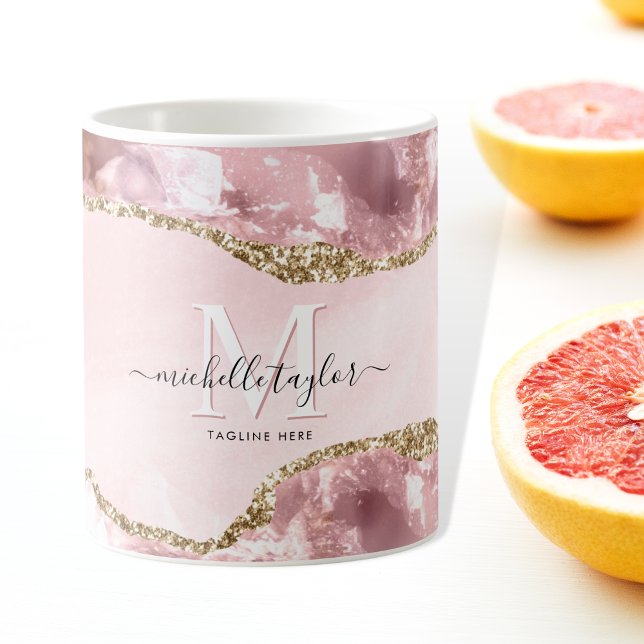 Blush Pink Gold Chic Glitzer Gold Agate Monogram Kaffeetasse (Von Creator hochgeladen)