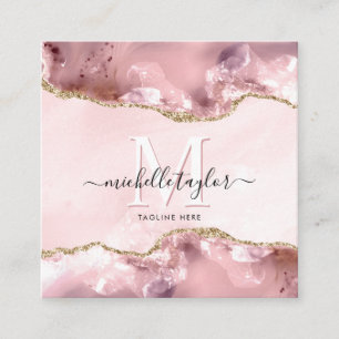 Blush Pink Gold Chic Glitzer Gold Agate Monogram Quadratische Visitenkarte