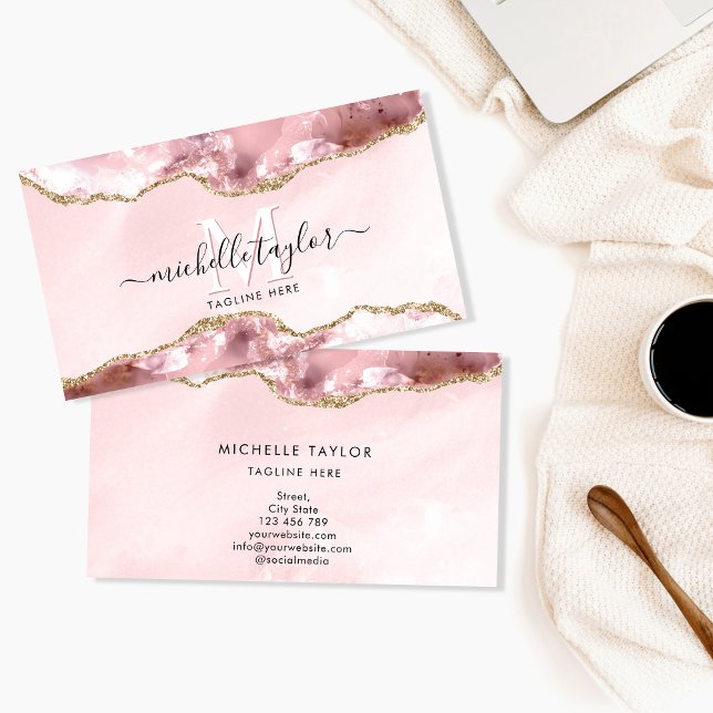 Blush Pink Gold Chic Glitzer Gold Agate Monogram Visitenkarte (Von Creator hochgeladen)