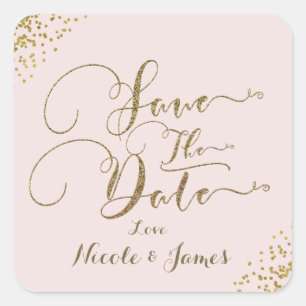 Blush Pink Gold Confetti Ecken Save the Date Quadratischer Aufkleber