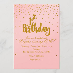 Blush Pink & Gold Confetti Einladung zum 1. Geburt