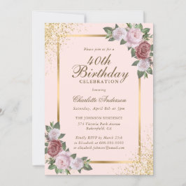 Blush Pink Gold Confetti Floral 40. Geburtstag Einladung