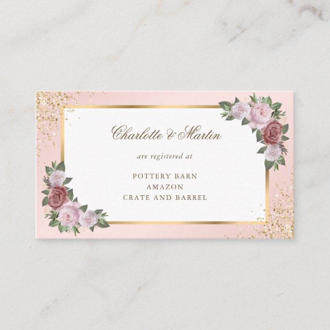 Blush Pink Gold Confetti Floral Wedding Registry Begleitkarte (Vorderseite)