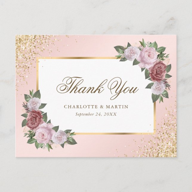 Blush Pink Gold Confetti Floral Wedding Vielen Dan Postkarte (Vorderseite)
