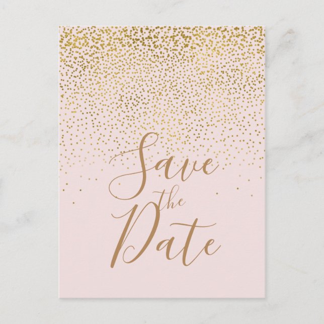 Blush Pink & Gold Confetti Modern Save the Date Ankündigungspostkarte (Vorderseite)