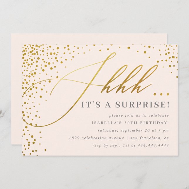 Blush Pink & Gold Confetti Script Überraschung Par Einladung (Vorne/Hinten)
