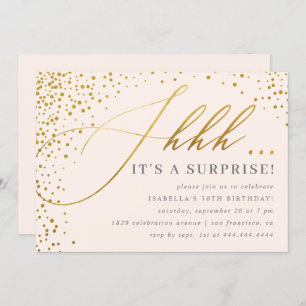 Blush Pink & Gold Confetti Script Überraschung Par Einladung