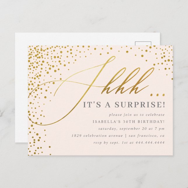Blush Pink & Gold Confetti Script Überraschung Par Einladungspostkarte (Vorne/Hinten)