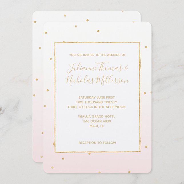 Blush Pink Gold Confetti Sparkle Ombre Wedding Einladung (Vorne/Hinten)